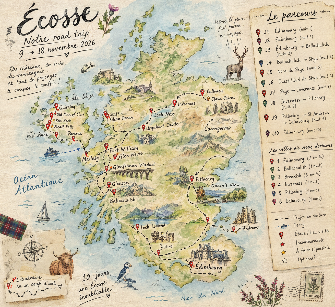 Carte de l’itinéraire du road trip en Écosse
